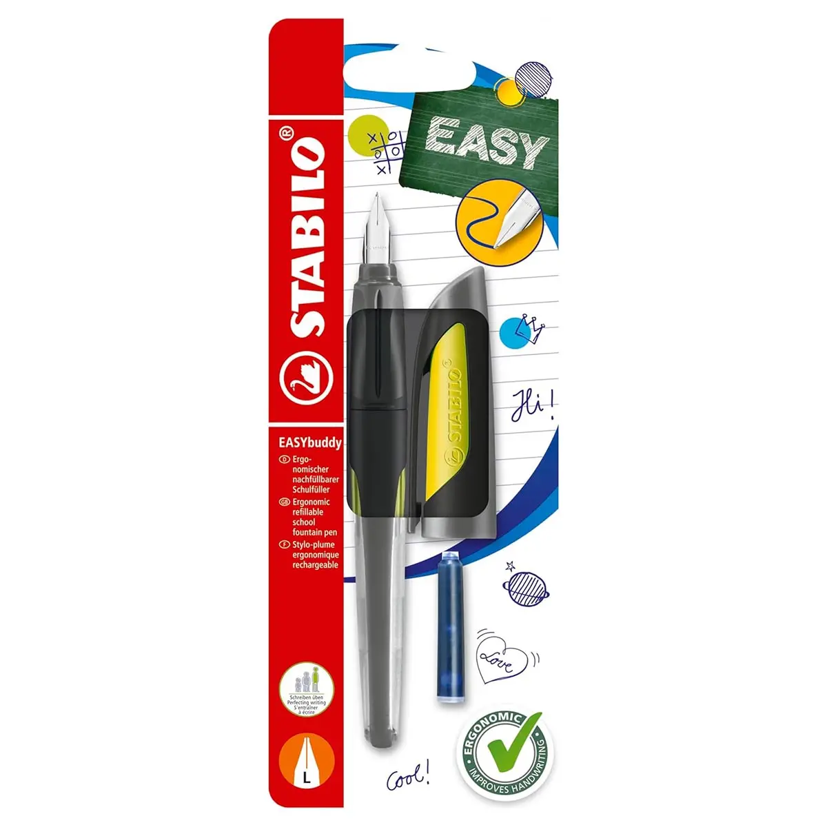 Stabilo Easybuddy Ergonomic Refillable School Fountain Pen 'L' Nib Black/Lime Left Handed Grip 1