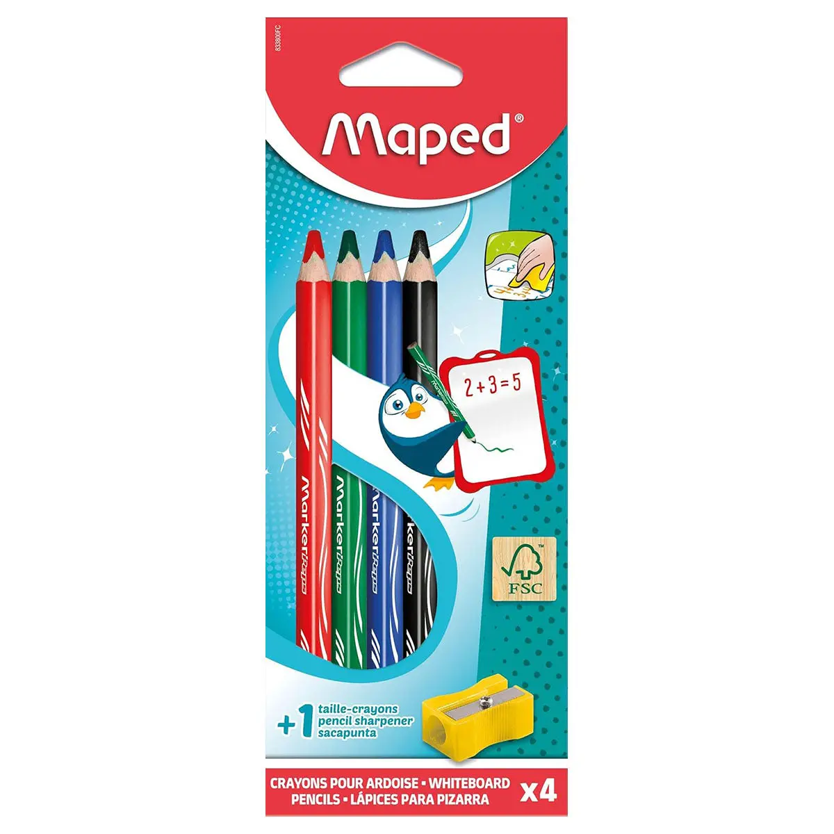Maped Wooden Dry Erase Whiteboard Pencils X4 Assorted Colours & Sharpener 1
