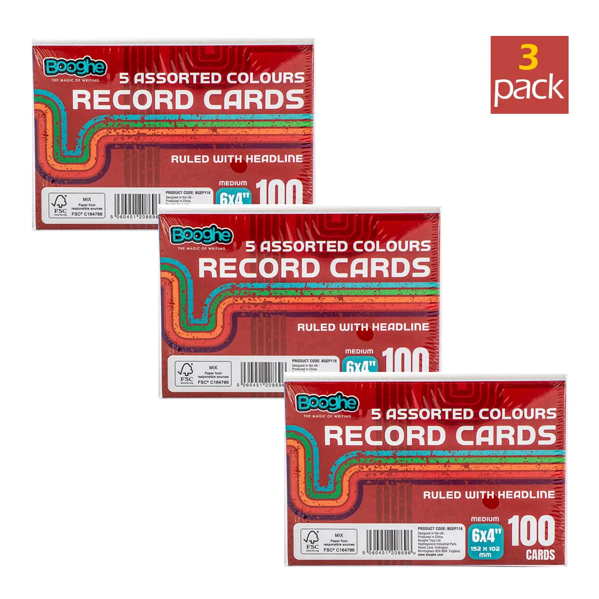 100 A6 Record Cards Ruled With Headline Assorted Colours (3 Pack) 1