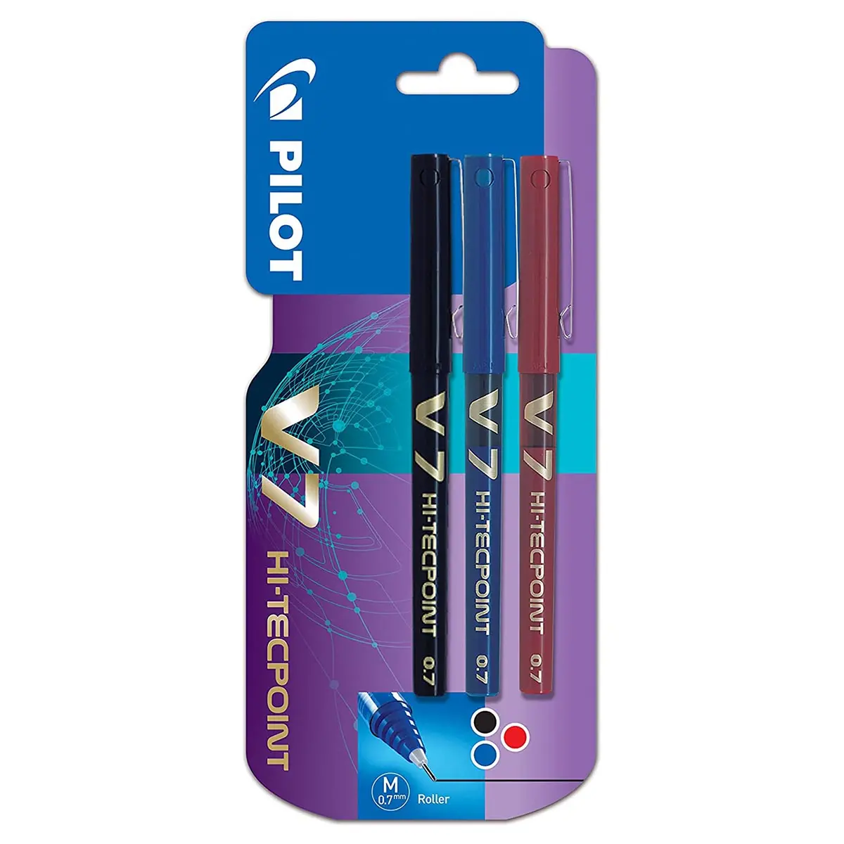 Pilot V7 Hi-Tecpoint M 0.7 Black Blue Red Rollerball Pens (3 Pack) 1