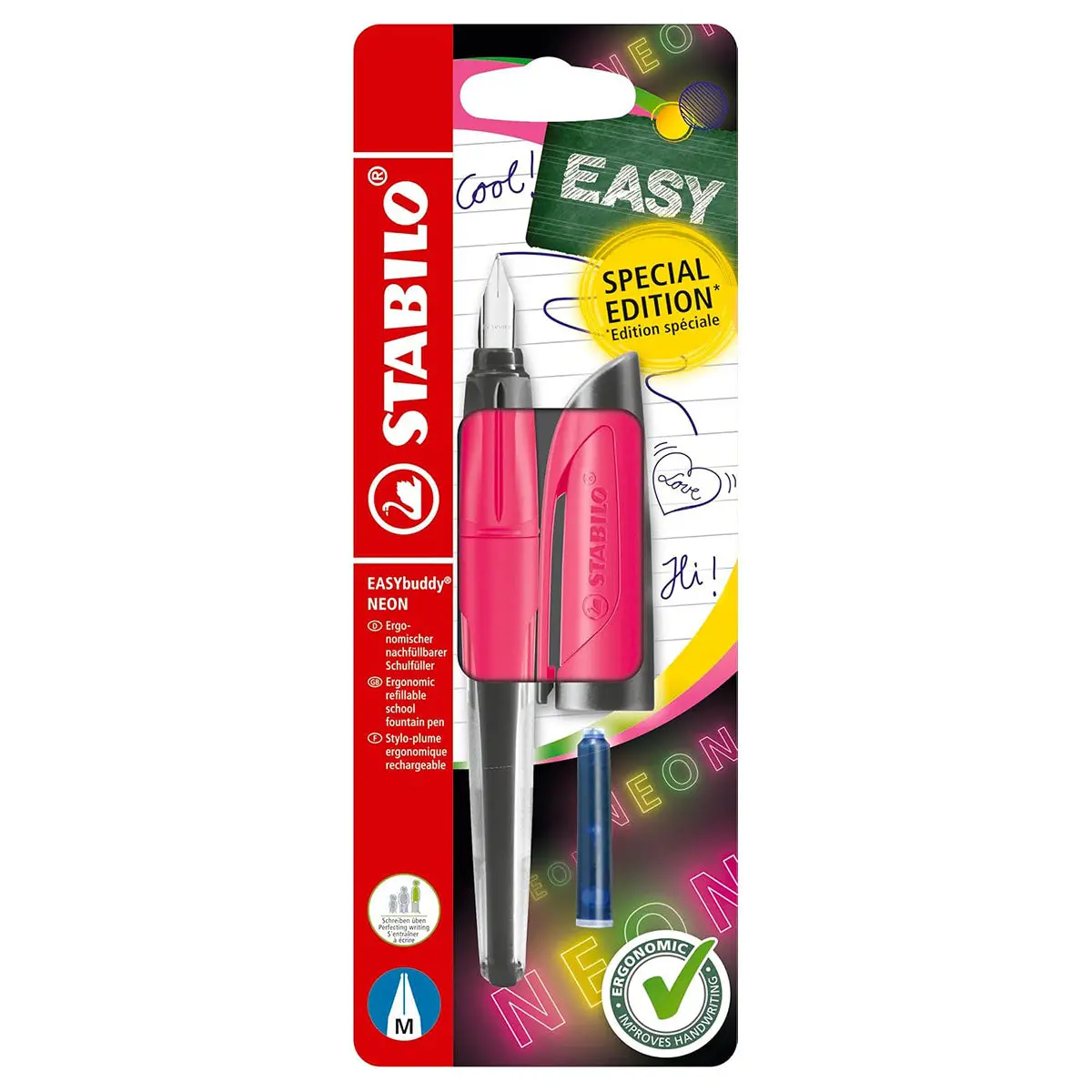 Stabilo Easybuddy Neon Pink Fountain Pen With Blue Ink Cartridge 1