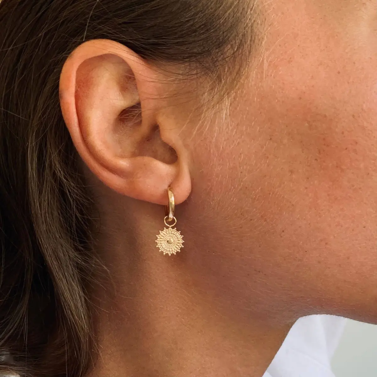 Victoire Collection Gold-Plated Round Sun Pendant Earrings 1