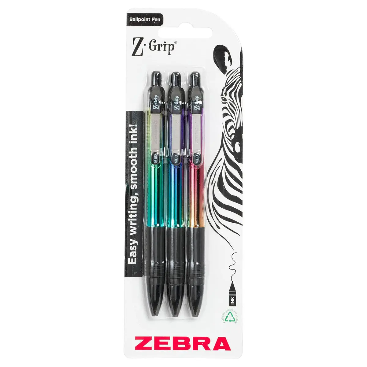 Zebra Z-Grip Ballpoint Metallic 3 Pack - Black Ink 1