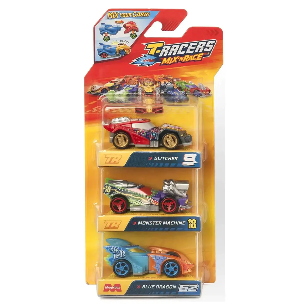 T-Racers Mix 'N Race Cars - Glitcher - Monster Machine - Blue Dragon (3 Pack) 1