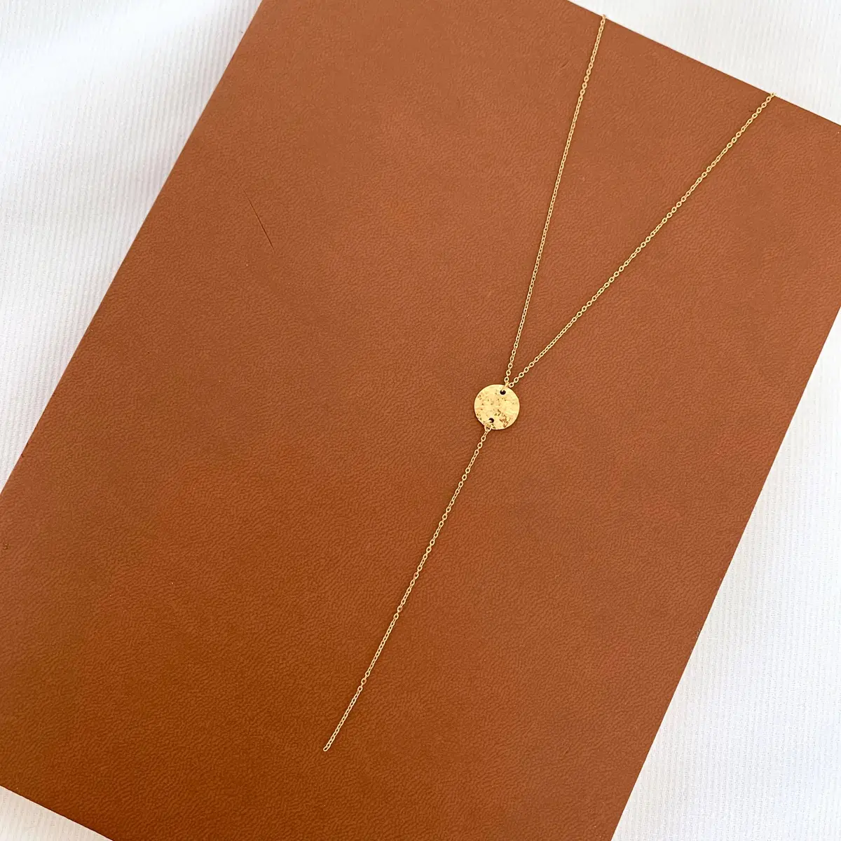 Victoire Collection - Stainless Steel Y Necklace Hammered Round Pendant 2
