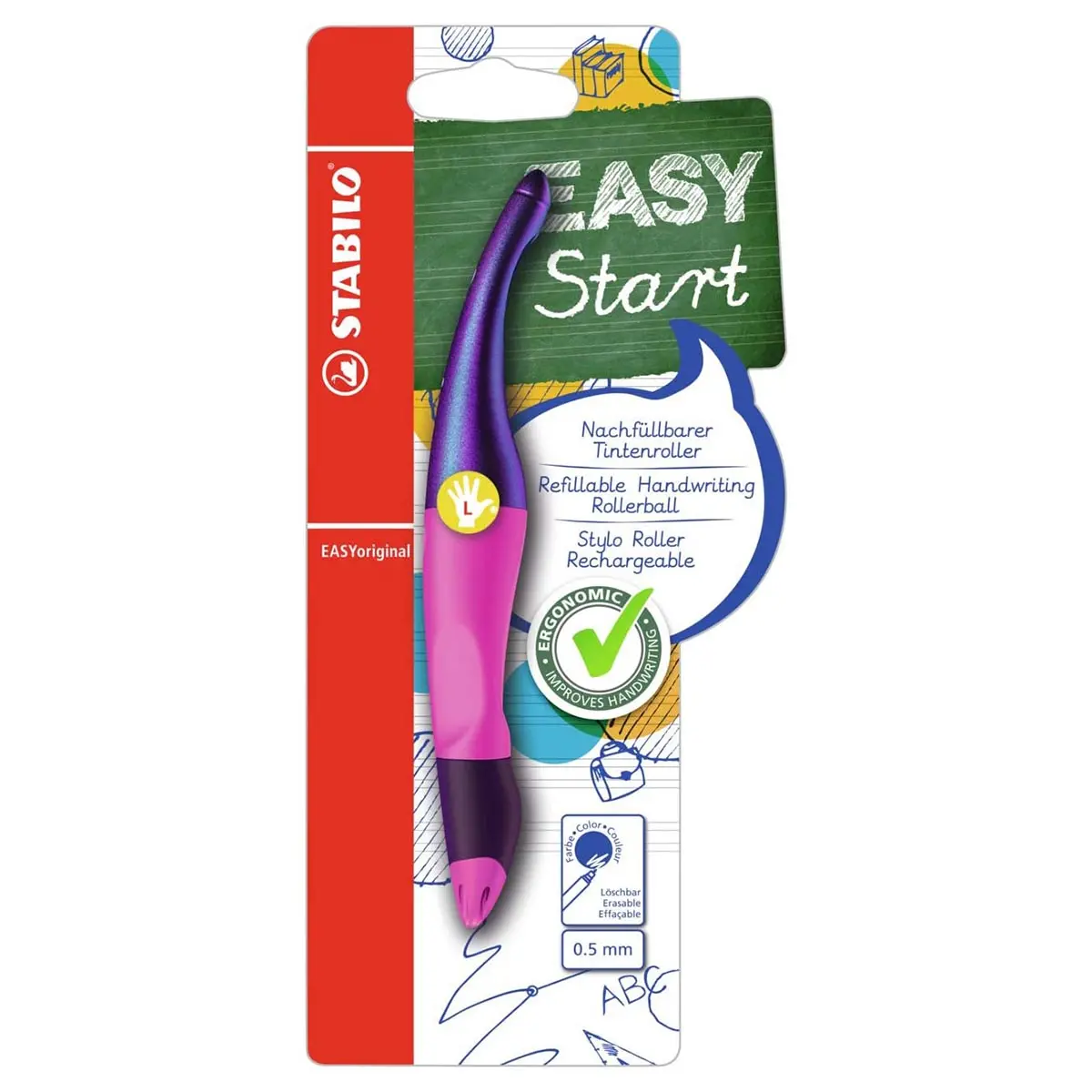Stabilo Easyoriginal Holograph Refillable Handwriting Rollerball Pen Magenta Left Handed Grip 1