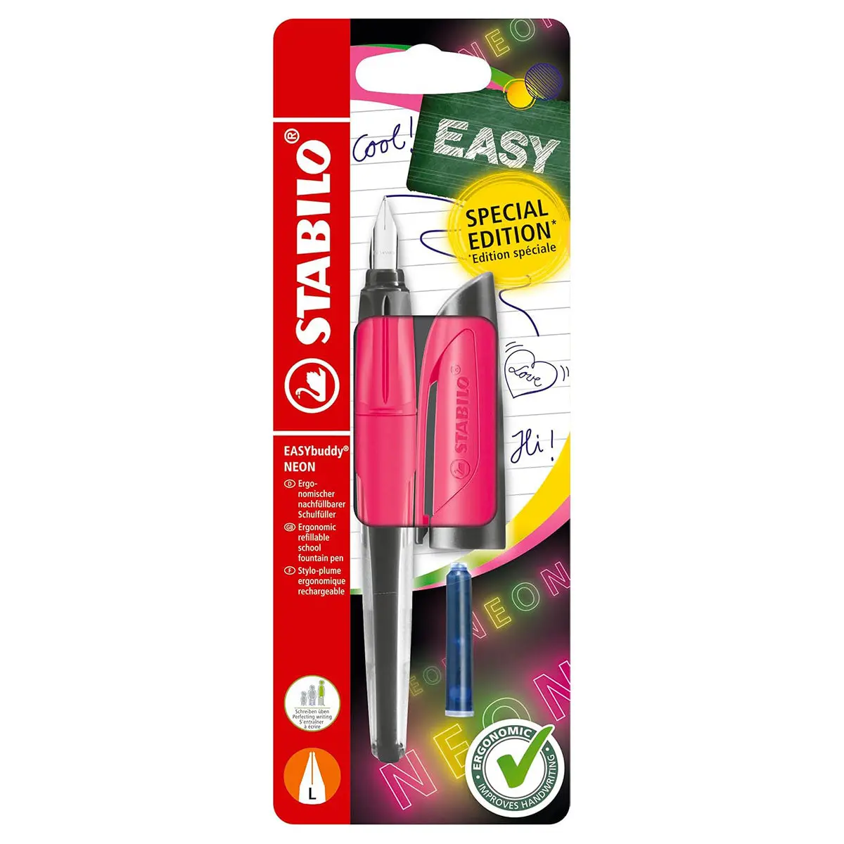Stabilo Easybuddy Neon Pink Left-Handed Fountain Pen With Blue Ink Cartridge 1