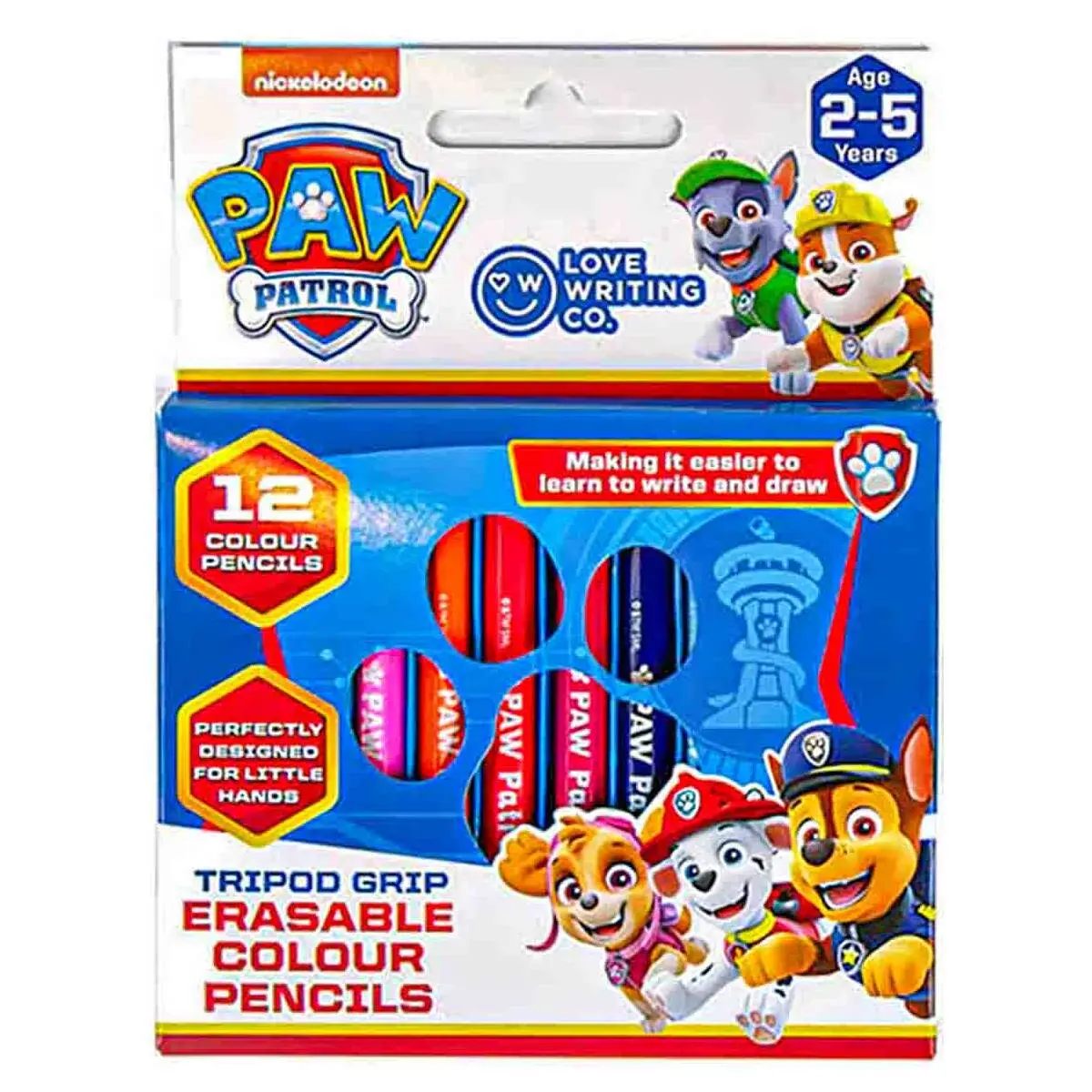 Love Writing Co. Paw Patrol Tripod Grip Erasable Colour Pencils (12 Pack) 1