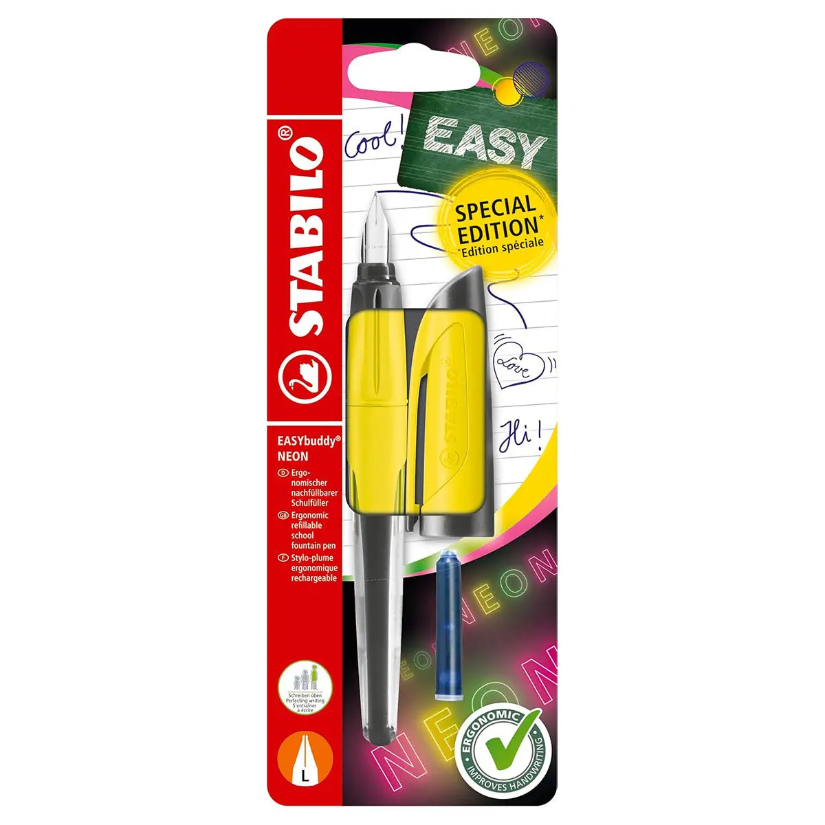 Stabilo Easybuddy Neon Yellow Left-Handed Fountain Pen With Blue Ink Cartridge 1