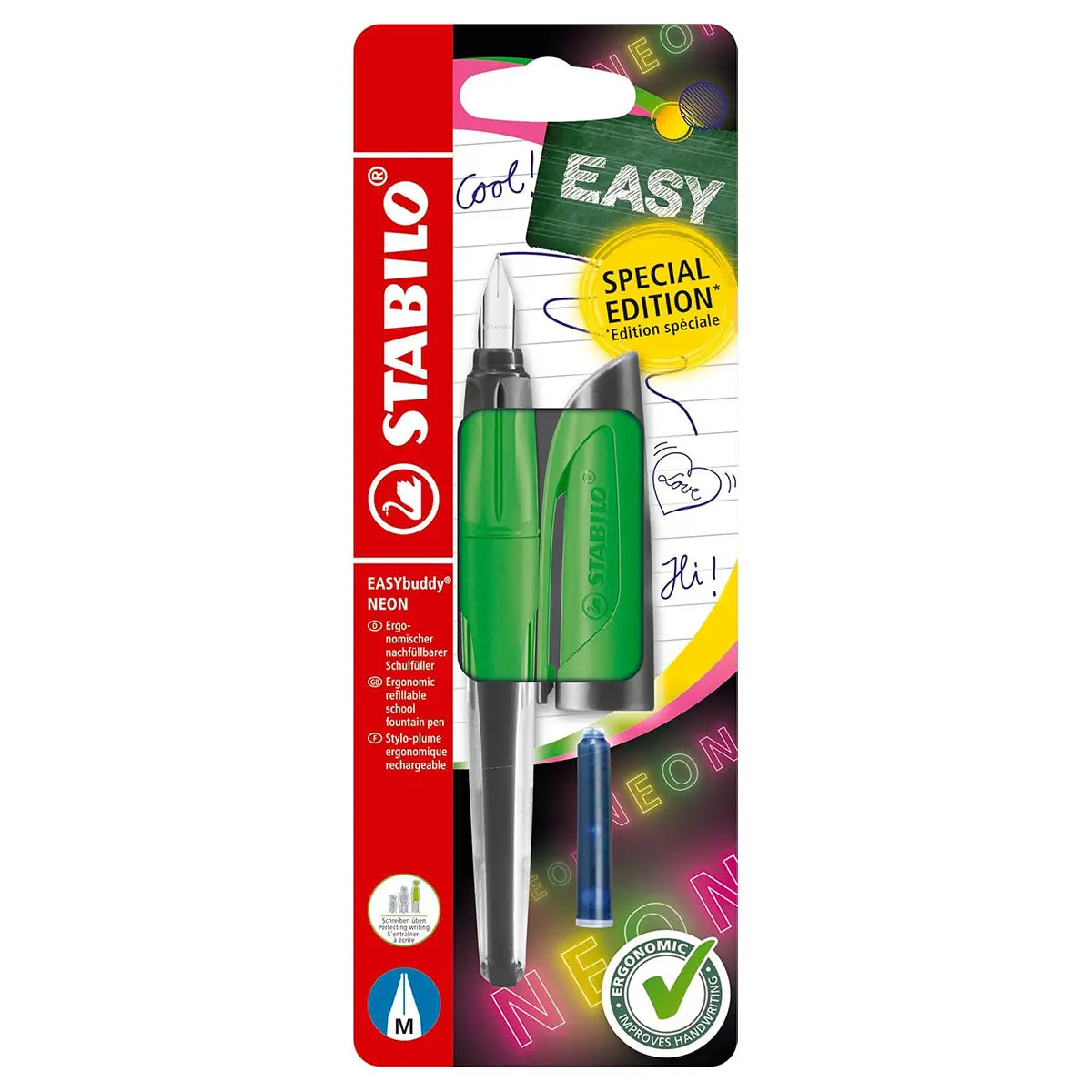 Stabilo Easybuddy Neon Green Medium Nib Fountain Pen With Blue Ink Cartridge 1