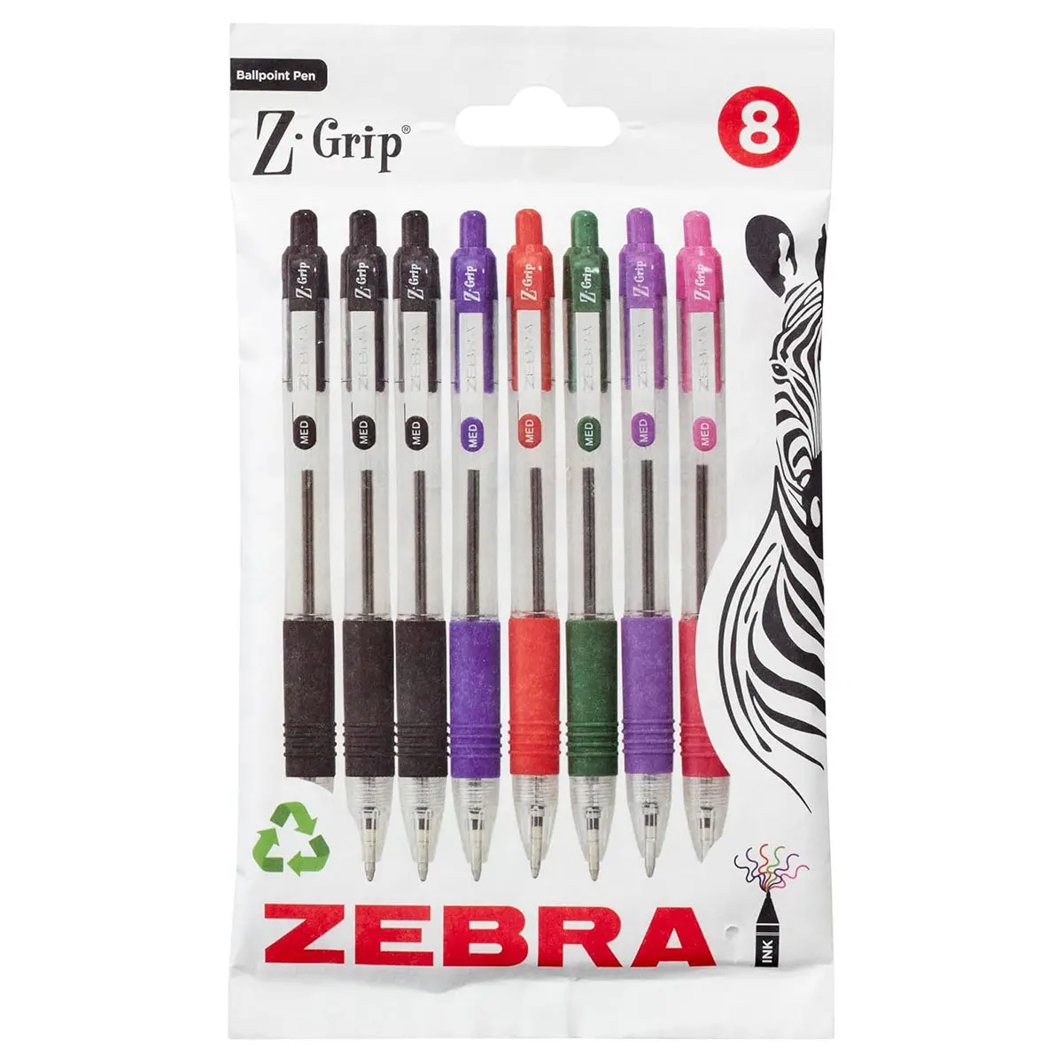 Z-Grip Ballpoint 8 Pack Assorted 1 X Blue, Violet, Pink, Green, Red, 3 X Black 1
