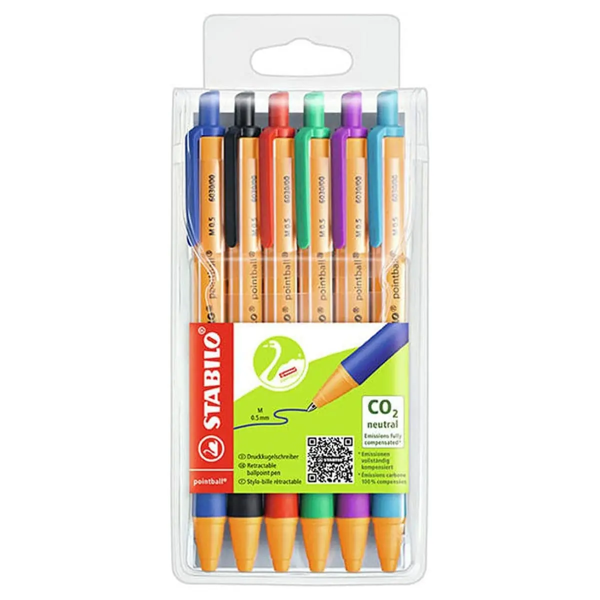 Stabilo Pointball Retractable Ballpoint Blue Black Red Green Turquoise, And Lilac Pens (6 Pack) 1