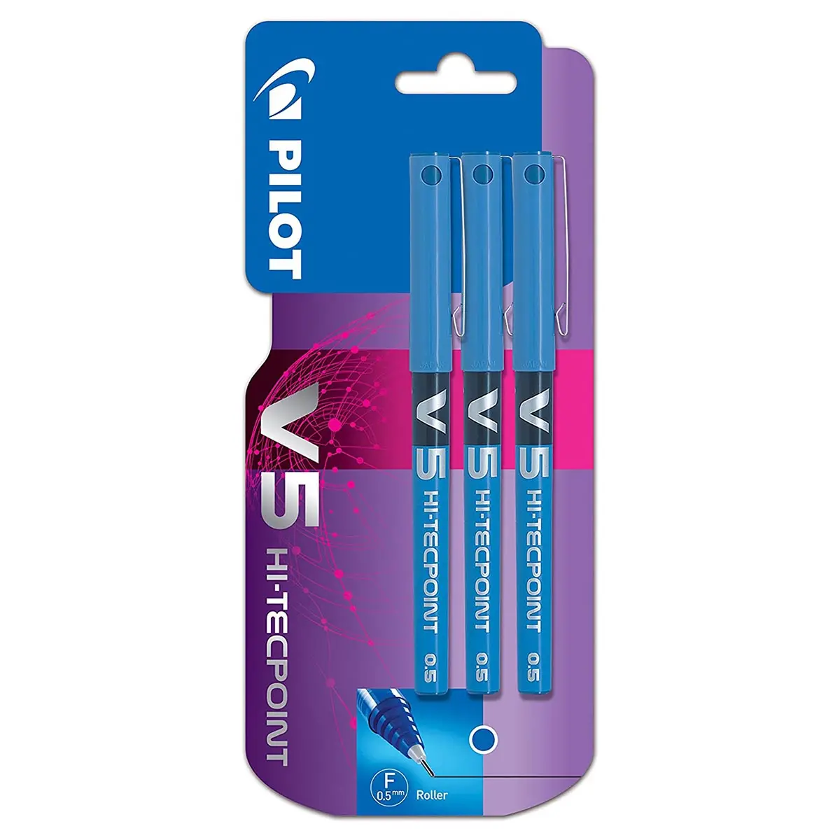 Pilot V5 Hi-Tecpoint M 0.5 Blue Rollerball Pen (3 Pack) 1