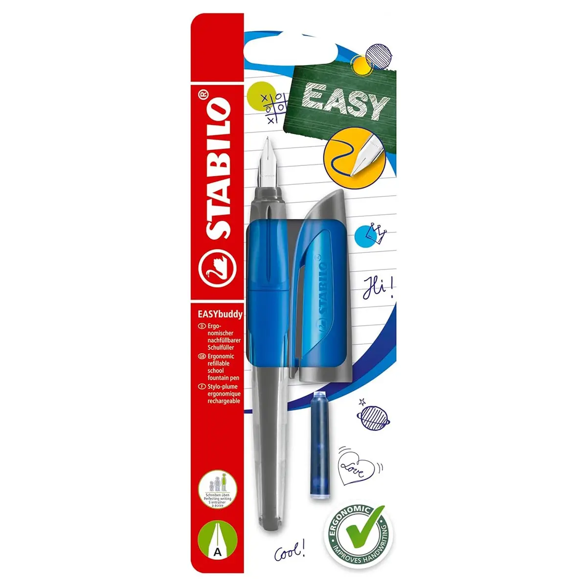 Stabilo Easybuddy Ergonomic Refillable School Fountain Pen 'A' Nib Blue 1