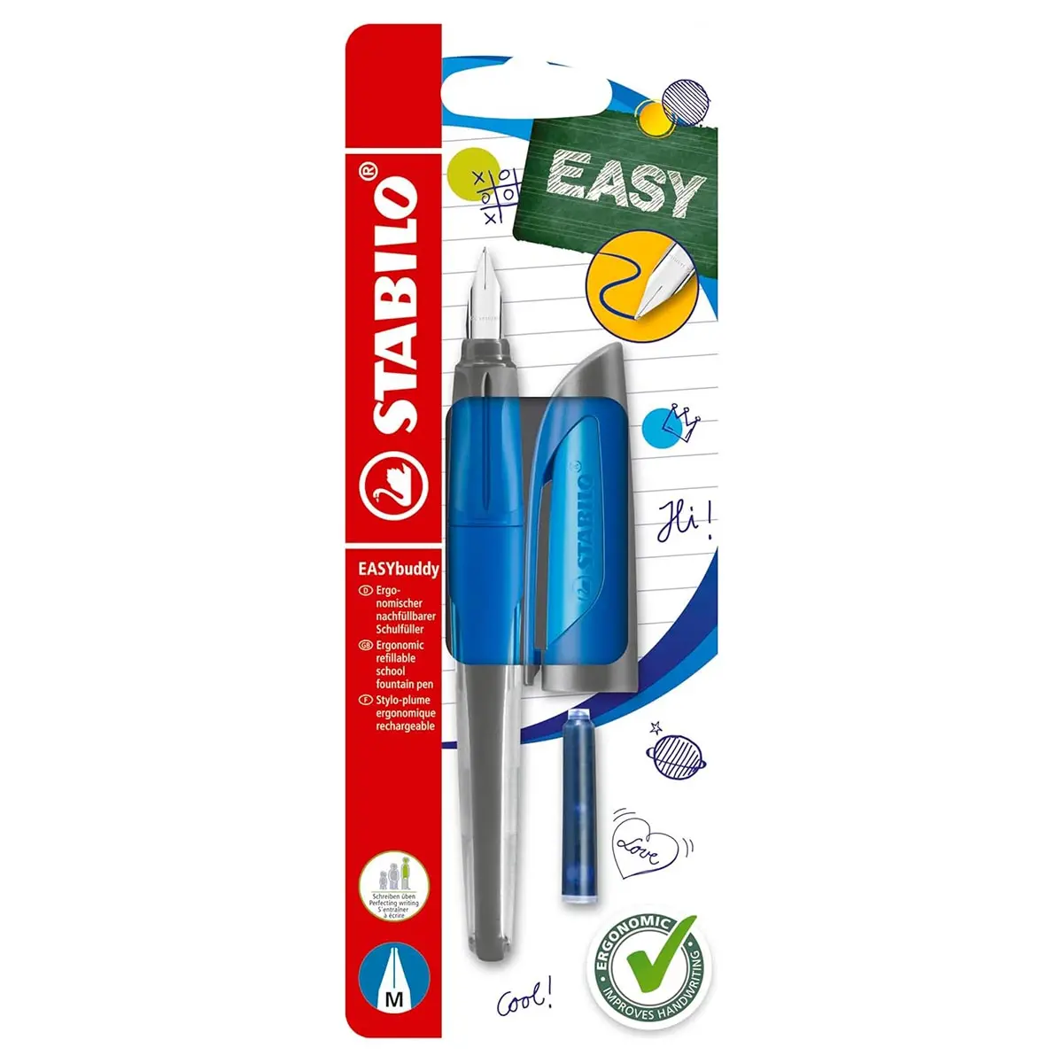 Stabilo Easybuddy Ergonomic Refillable School Fountain Pen 'M' Nib Blue 1