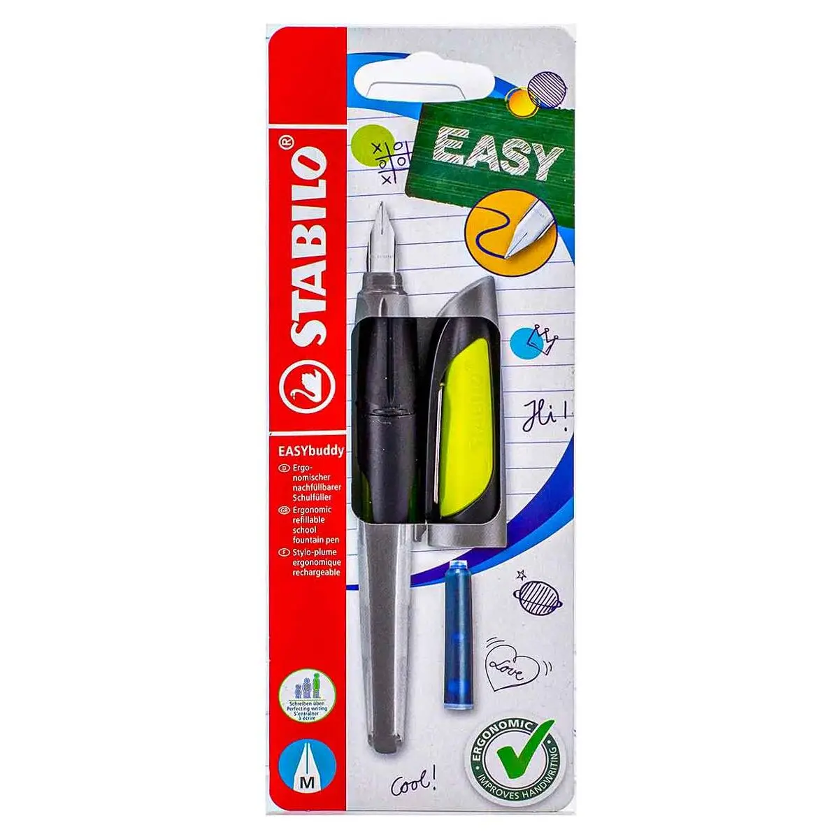 Stabilo Easybuddy Ergonomic Refillable School Fountain Pen 'M' Nib Black/Lime 1