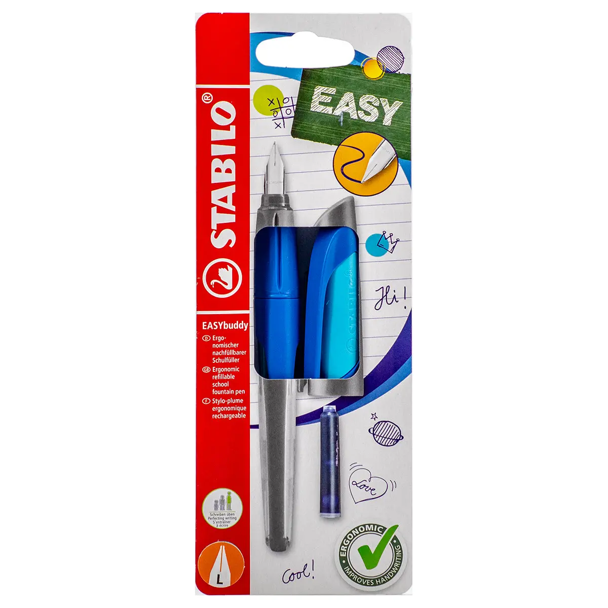 Stabilo Easybuddy Ergonomic Refillable School Fountain Pen 'L' Nib Blue Left Handed Grip 1