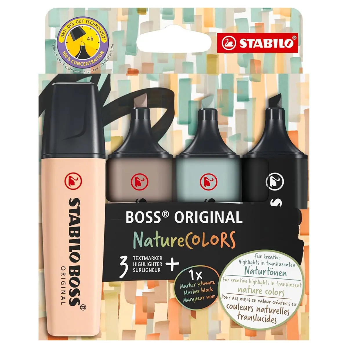 Stabilo Boss Original Naturecolors Textmarker Beige, Warm Grey, Earth Green, Black (4 Pack) 1