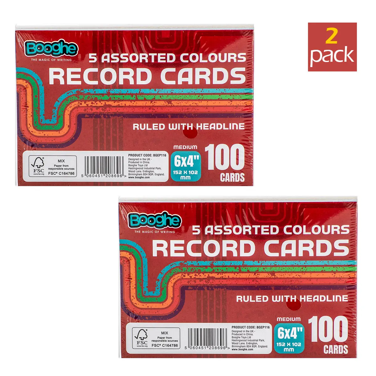 100 A6 Record Cards Ruled With Headline Assorted Colours (2 Pack) 1