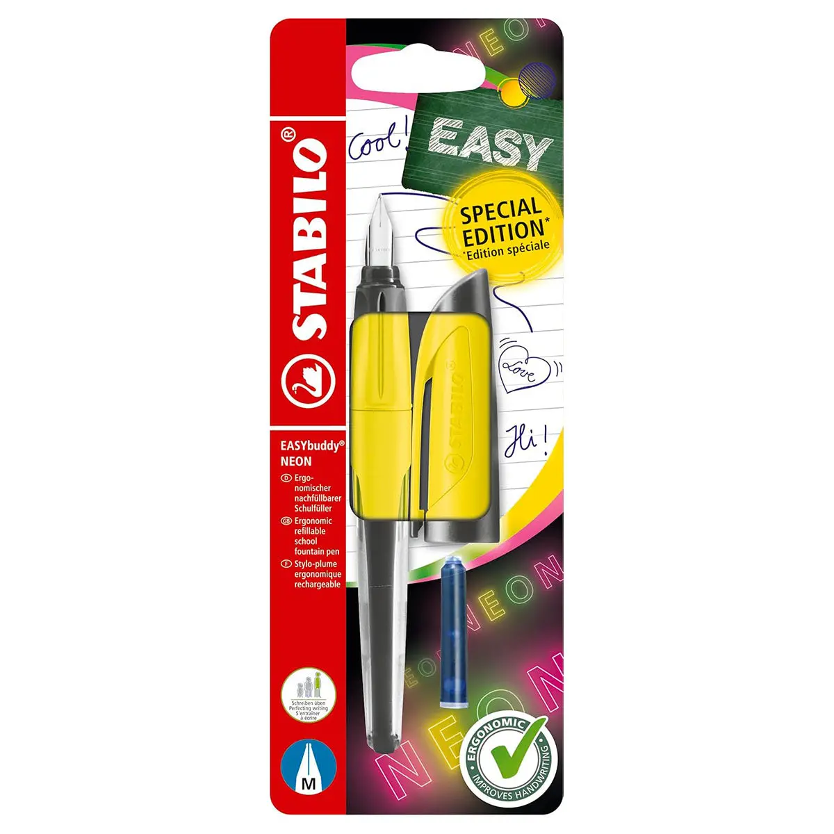 Stabilo Easybuddy Neon Yellow Medium Nib Fountain Pen With Blue Ink Cartridge 1