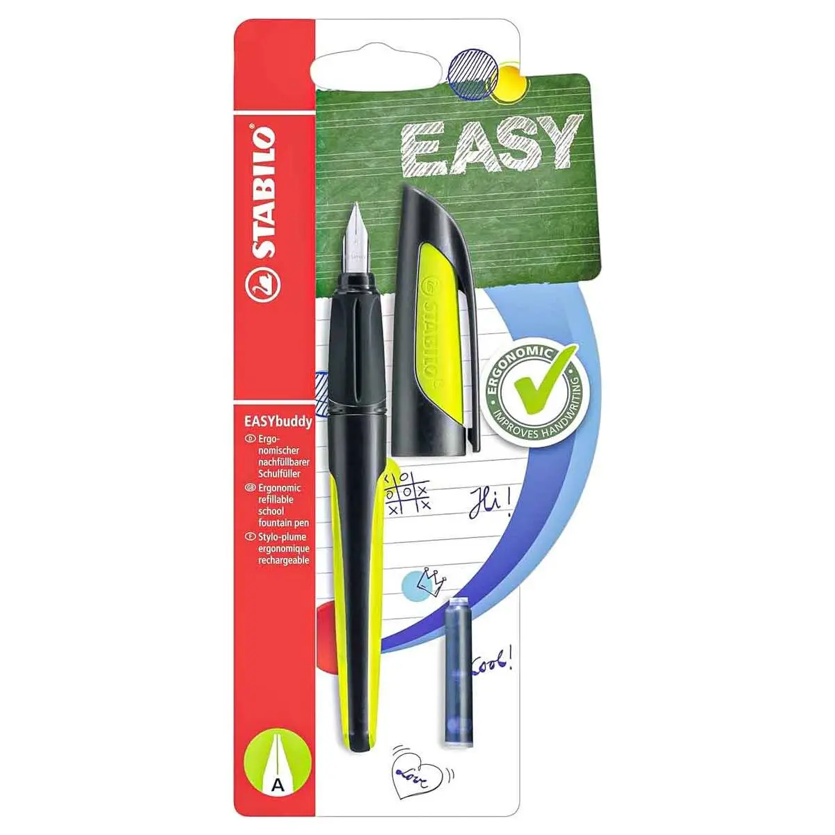Stabilo Easybuddy Ergonomic Refillable School Fountain Pen 'A' Nib Black/Lime 1